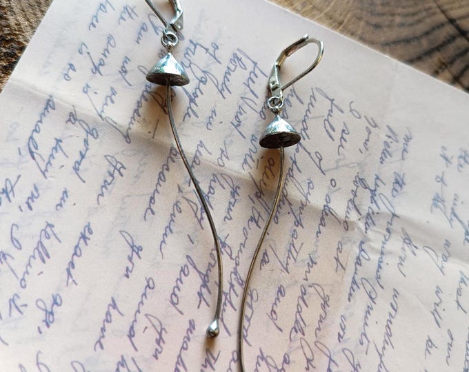 Silver Tone Long Stem Mushroom Earrings, Copper and Pewter Forest Wearable Art
