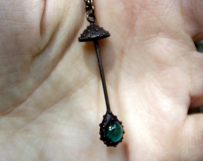Handcrafted amanita muscaria forest fungi small metal necklace inspired by wild nature fly agaric mushroom pendant, hippie aesthetic.