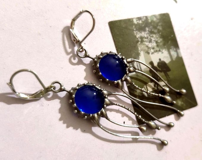 Blue Glass Jellyfish Earrings, Silver Tone Copper and Pewter Ocean Wearable Art