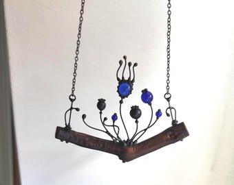Blue Poppy Flower Necklace: Wood & Metal Pendant, Oak Forest Jewelry