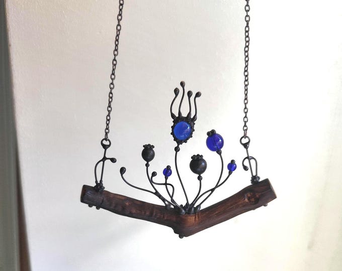 Blue Glass Poppy Necklace on Oak Branch, Blackened Copper and Pewter Botanical Wearable Art