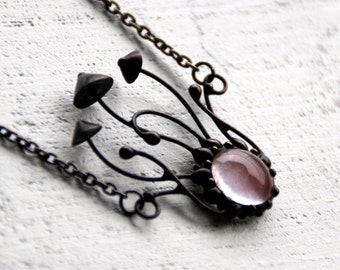 Stained Glass Mushroom Pendant Necklace: Watermelon Quartz Boho Jewelry