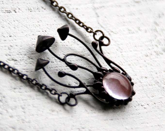 Magic mushrooms on raindrop stained glass toadstools boho pendant necklace with watermelon quartz, forest pixie jewelry.