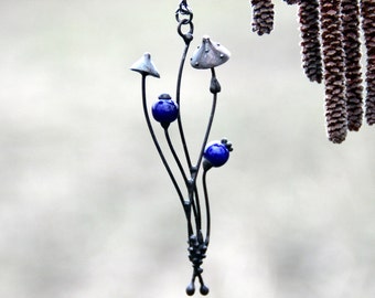 Forest mushroom jewelry necklace vintage pendant with blue ceramic, mushroom art psylocybe pendant, witch mushrooms necklace, pendant hippie