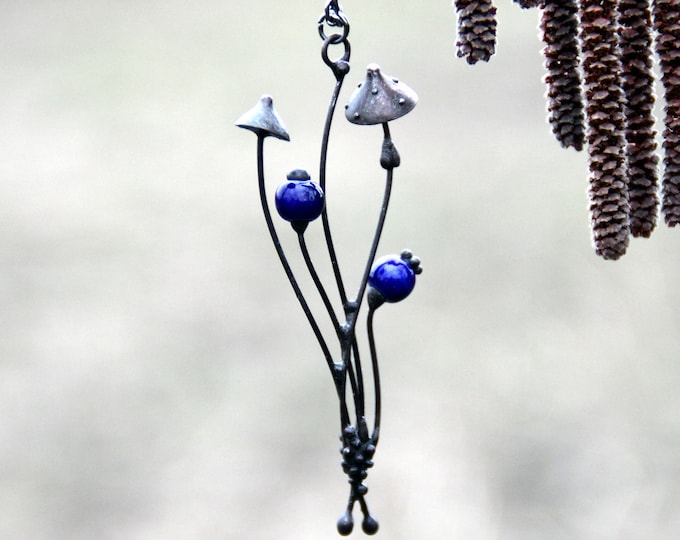 Forest mushroom jewelry necklace vintage pendant with blue ceramic, mushroom art psylocybe pendant, witch mushrooms necklace, pendant hippie