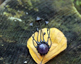 Handmade Mushroom Brooch: Stained Glass Toadstools with Purple Amethyst