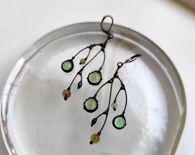 Clear Green Glass Branch Earrings, Blackened Copper and Pewter Asymmetrical Dangles, Botanical Wearable Art