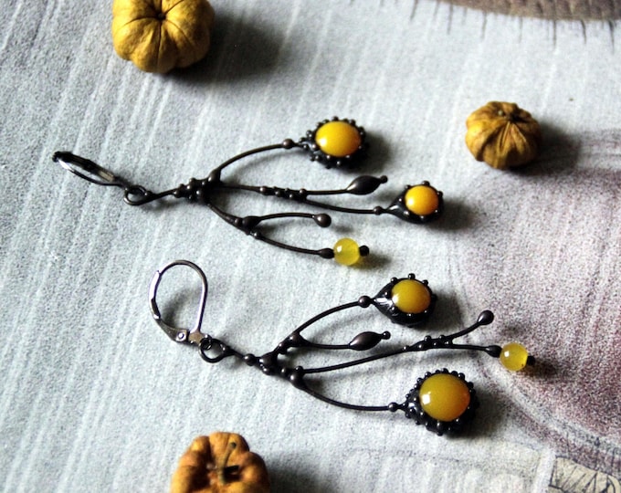 Unusual boho hippie asymmetric forest tree branch earrings with yellow stained glass, aesthetic floral botanical jewelry witch earrings.