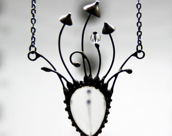 Clear Glass Mushroom Statement Necklace, Blackened Copper Forest Collar, Botanical Wearable Art