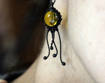 Stained Glass Jellyfish Mono Earring: Black & Yellow Ocean Jewelry