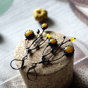 Unusual boho hippie asymmetric forest tree branch earrings with yellow stained glass. Size about 6/3 cm (2.36*1.18 in). Color: black/yellow.