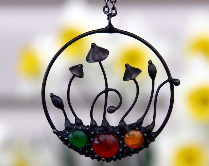 Stained glass magic mushrooms hoop pendant necklace with multicolored glass, inspired by nature unusual gift, psychedelic clothes.
