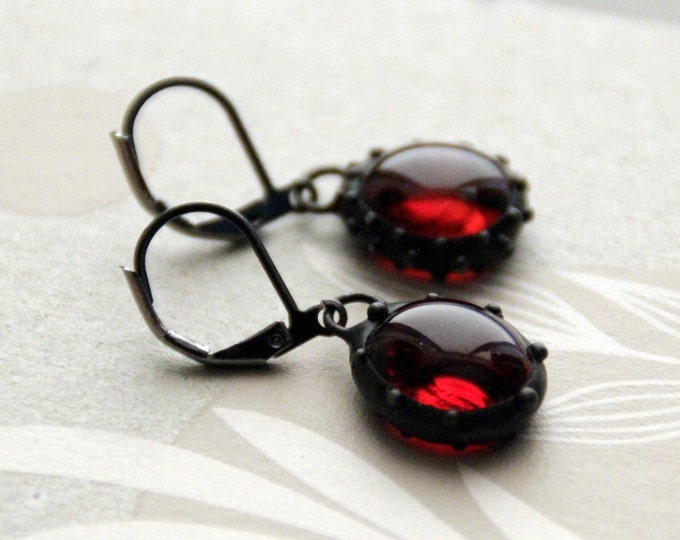 Simple geometry handmade metal boho hippie earrings with red glass, unique author's jewelry, red glass suncatchers earrings, gift for her.