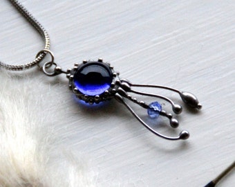 Psychedelic creatures jellyfish stained glass necklace with blue glass, nature lover gift inspired by ocean, boho hippie octopus pendant.