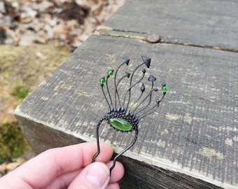 Forest Mushroom Hairpin: Handmade Copper Toadstools, Green Glass Accent