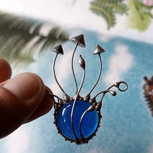 Hippie Psychedelic Magic Mushrooms Boho Pendant Necklace with Blue Glass, Forest Fairy Witch Unusual Boho Jewelry, Psylocibe Fungi Necklace