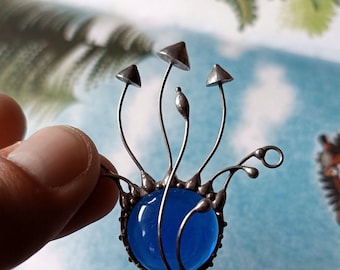 Hippie Psychedelic Magic Mushrooms Boho Pendant Necklace with Blue Glass, Forest Fairy Witch Unusual Boho Jewelry, Psylocibe Fungi Necklace