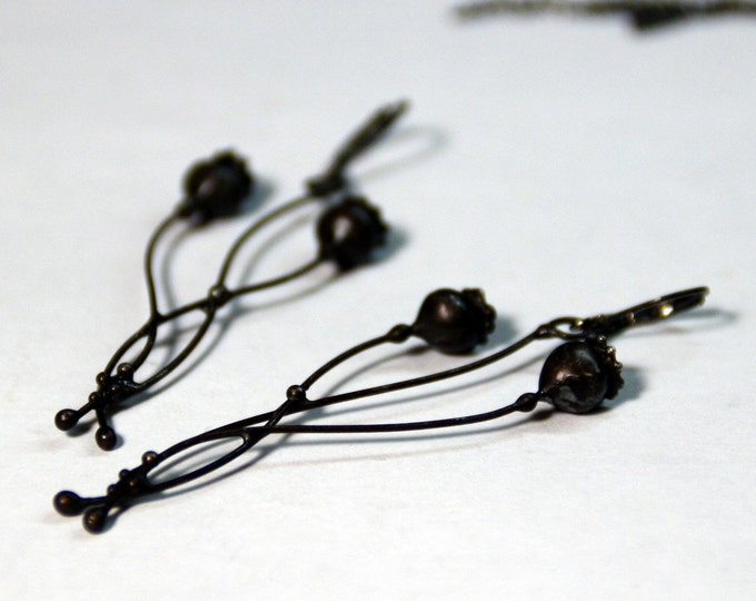 Black Patina Poppy Earrings: Handmade Copper Pewter Steel