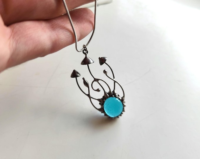 Silver Tone Mushroom Pendant Necklace, Handcrafted Copper and Pewter Nature Jewelry