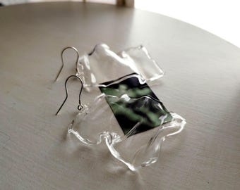 Handblown clear glass long abstract dangle earrings, simple unique design modern big earrings.