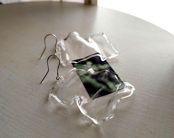 Handblown clear glass long abstract dangle earrings, simple unique design modern big earrings.