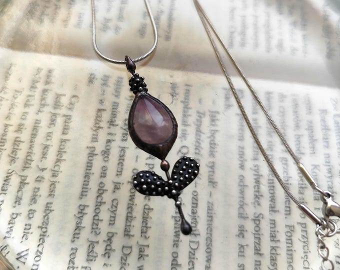 Handmade Flower Necklace, Ametyst Pendant, Naturecore Jewelry