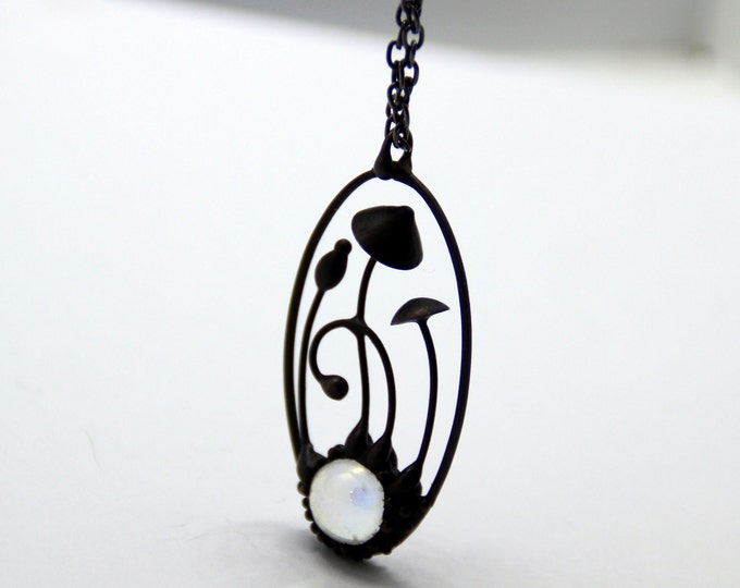 Psychedelic mushrooms handmade small oval metal pendant with clear glass, witch fairy style clothing, boho hippie fungus jewelry.