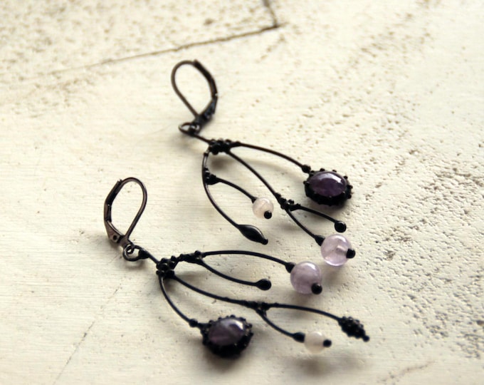 Botanical floral asymmetrical earrings tree branch with purple amethyst, naturecore forest earrings, bohemian style author's jewelry.
