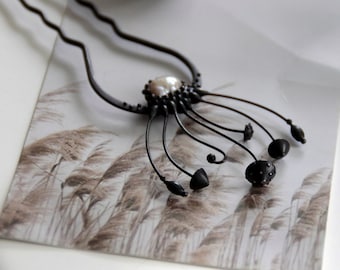 Forest magic mushrooms amanita handmade metal hair pin with white pearl, aesthetic fairy witch elven jewelry inspired by wild nature.