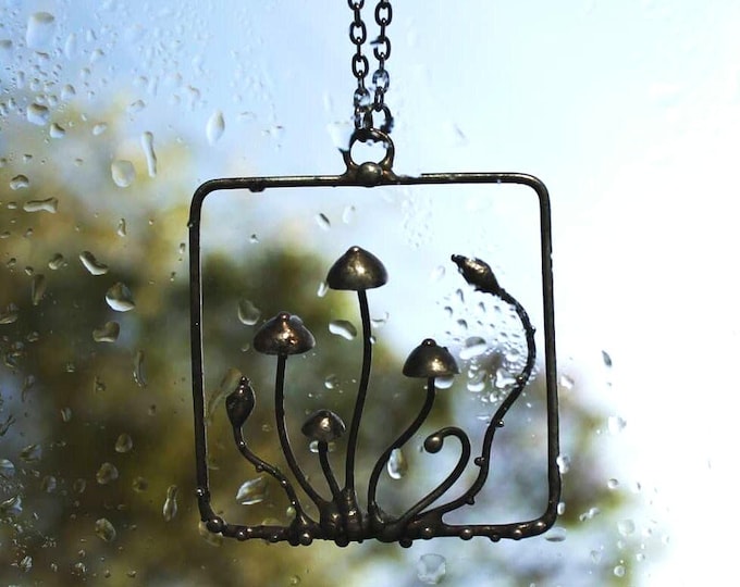 Square Mushroom Necklace, Hand-Sculpted Copper and Pewter Forest Pendant, Botanical Wearable Art
