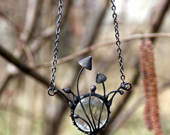 Handmade jewelry fungi magic mushrooms hippie pendant with clear glass, forest fairy witch necklace, bohostyle, fairystyle, witch fashion