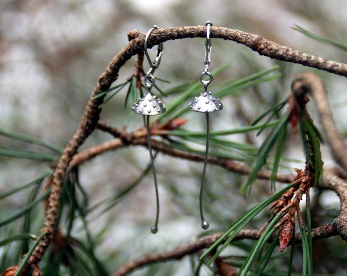 Forest amanita silver metal mushrooms earrings, witch psychedelic earrings, boho hippie mushroom jewelry, unusual gift nature earrings