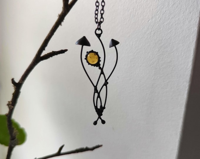 Yellow Glass Mushroom Necklace, Blackened Copper and Pewter Forest Wearable Art