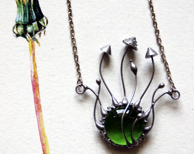Handmade Copper Fungi Necklace: Green Glass Mushroom Pendant