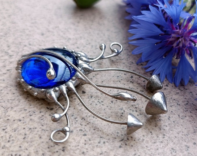 Handmade Mushroom Pendant Necklace: Blue Glass Boho Fungi Jewelry