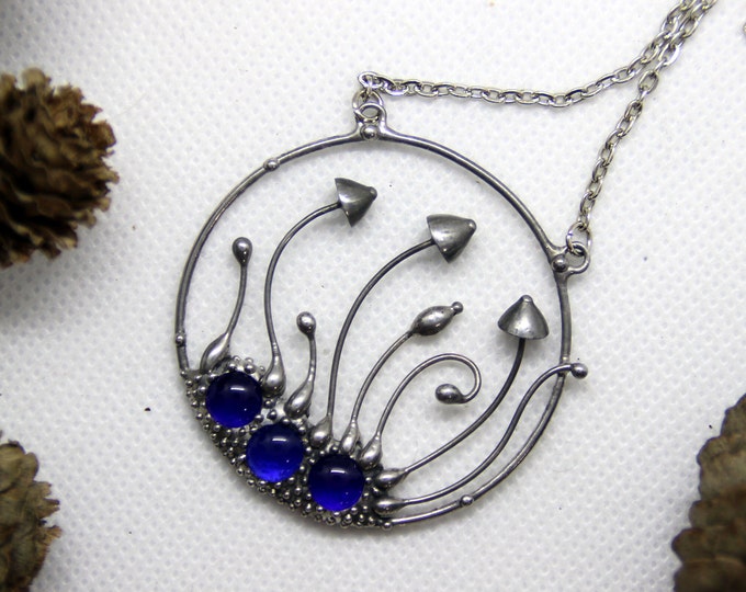 Psychedelic fungi boho hoop pendant necklace with blue glass, unique woodland forest gift jewelry, goblincore unusual statement jewelry.