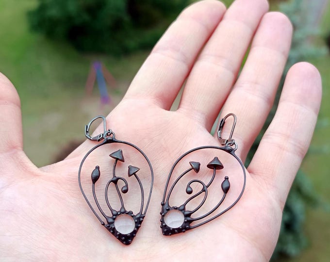 Mystical ethnic forest earrings magic mushrooms, handmade stained glass drops earrings, unusual witch toadstools woodland earrings.