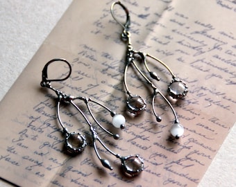 Asymmetrical Tree Branch Earrings: Handmade Silver Metal & Glass