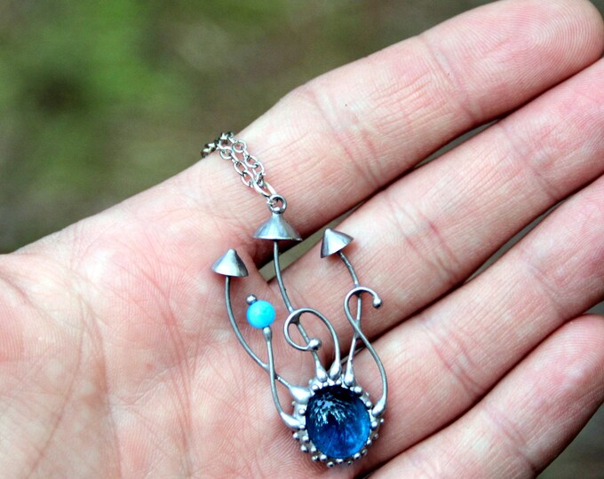 Forest festival mushrooms necklace with blue glass, cottagecore aesthetic delicate jewelry, unusual nature lover gift, forest style clothing