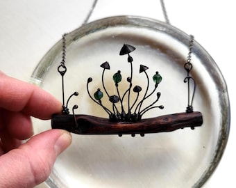 Handcrafted Wood Fungi Necklace Pendant with Anthocyan Stone, Psychedelic Forest Botanical Jewelry