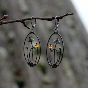Yellow Glass Mushroom Earrings, Blackened Copper Oval Forest Dangles, Botanical Wearable Art