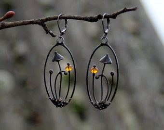 Magic Mushroom Earrings: Pewter, Copper, & Yellow Glass - Boho Witch Jewelry