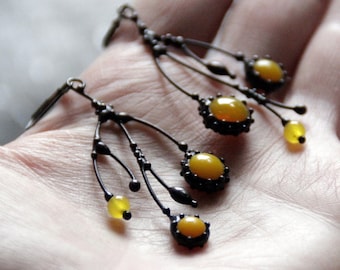 Handmade Asymmetric Tree Branch Earrings: Copper, Pewter, Steel & Yellow Glass