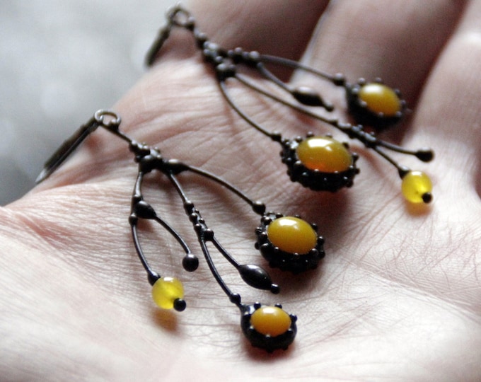 Handmade Asymmetric Tree Branch Earrings: Copper, Pewter, Steel & Yellow Glass