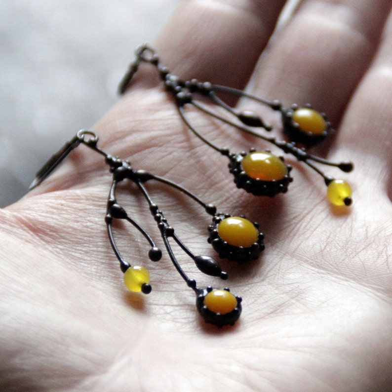 Unusual boho hippie asymmetric forest tree branch earrings with yellow stained glass. Size about 6/3 cm (2.36*1.18 in). Color: black/yellow.