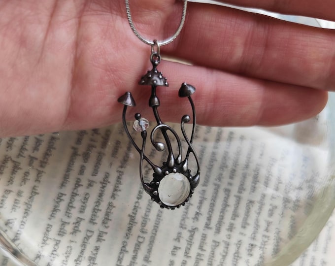 Clear Glass Amanita Mushroom Necklace, Silver Tone Copper and Pewter Forest Pendant, Wearable Art