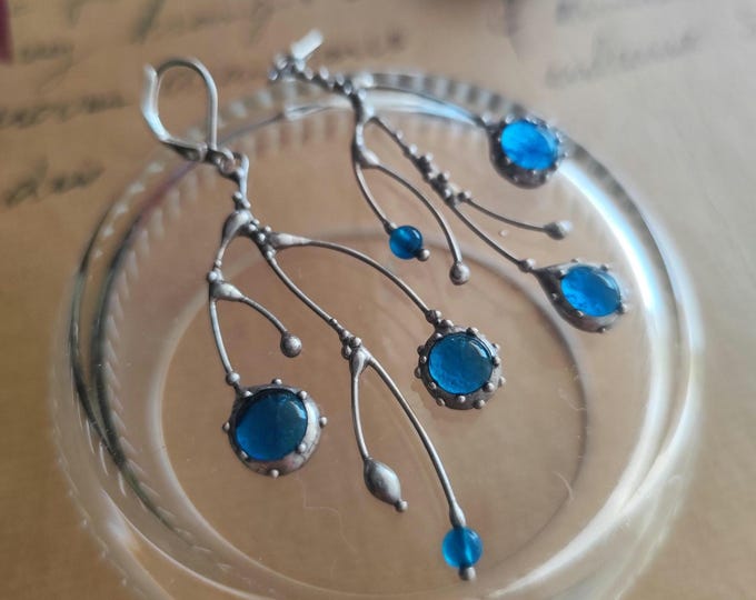Cobalt Blue Glass Branch Earrings, Silver Tone Botanical Dangles, Asymmetrical Wearable Art