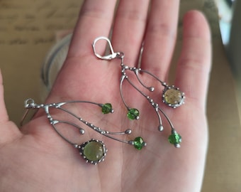Green Glass Tree Branch Earrings, Silver Tone Copper and Pewter Asymmetrical Botanical Dangles
