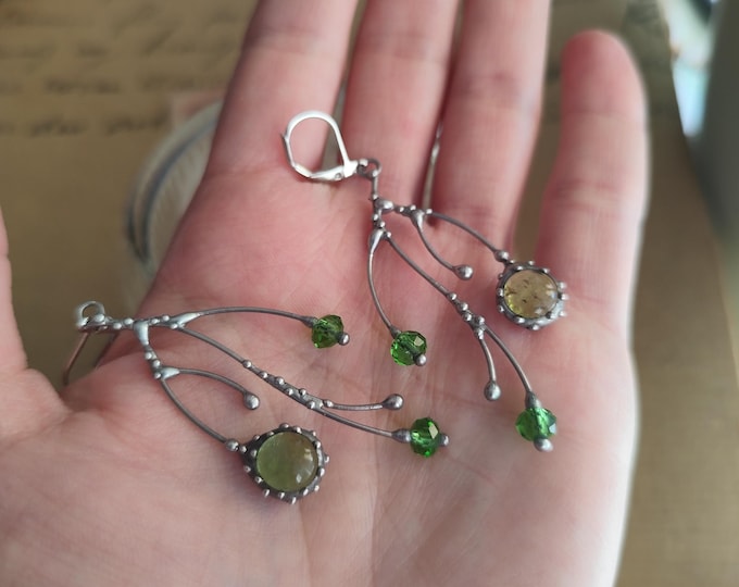 Tree Branch Earrings Handmade Silver Metal & Glass