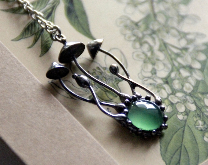 Stained glass forest magic mushrooms pendant necklace with green glass, botanical fungi necklace handmade psychedelic nature forest gift.